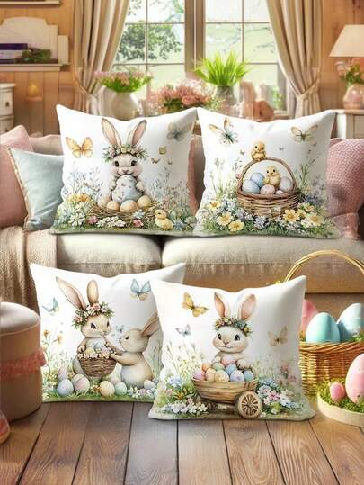 4pcs Easter Decoration Bunny Easter Eggs Rabbit Floral Throw Pillow Covers | Cute Funny Blue Green Cosy Soft Decorative Pillowcases, One-Sided Printing For Spring Living Room Bedroom Sofa Bed Decor, Polyester, Machine Washable