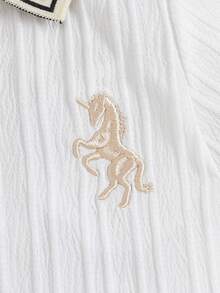 Pelele informal de punto acanalado para bebé niño con bordado de lindo caballo de dibujos animados en el cuello, cómodo para primavera/verano - Blanco - Ver 5
