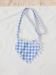 Young Girls' Spring/Summer Spaghetti Strap Plaid Daisy Pattern Ruffle & Bow Front Dress With Matching Heart Shaped Crossbody Bag, Fresh & Casual - Blue - View 6