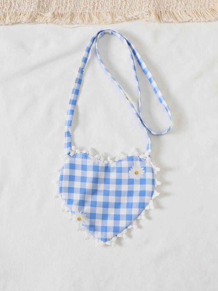 Young Girls' Spring/Summer Spaghetti Strap Plaid Daisy Pattern Ruffle & Bow Front Dress With Matching Heart Shaped Crossbody Bag, Fresh & Casual - Blue - View 6