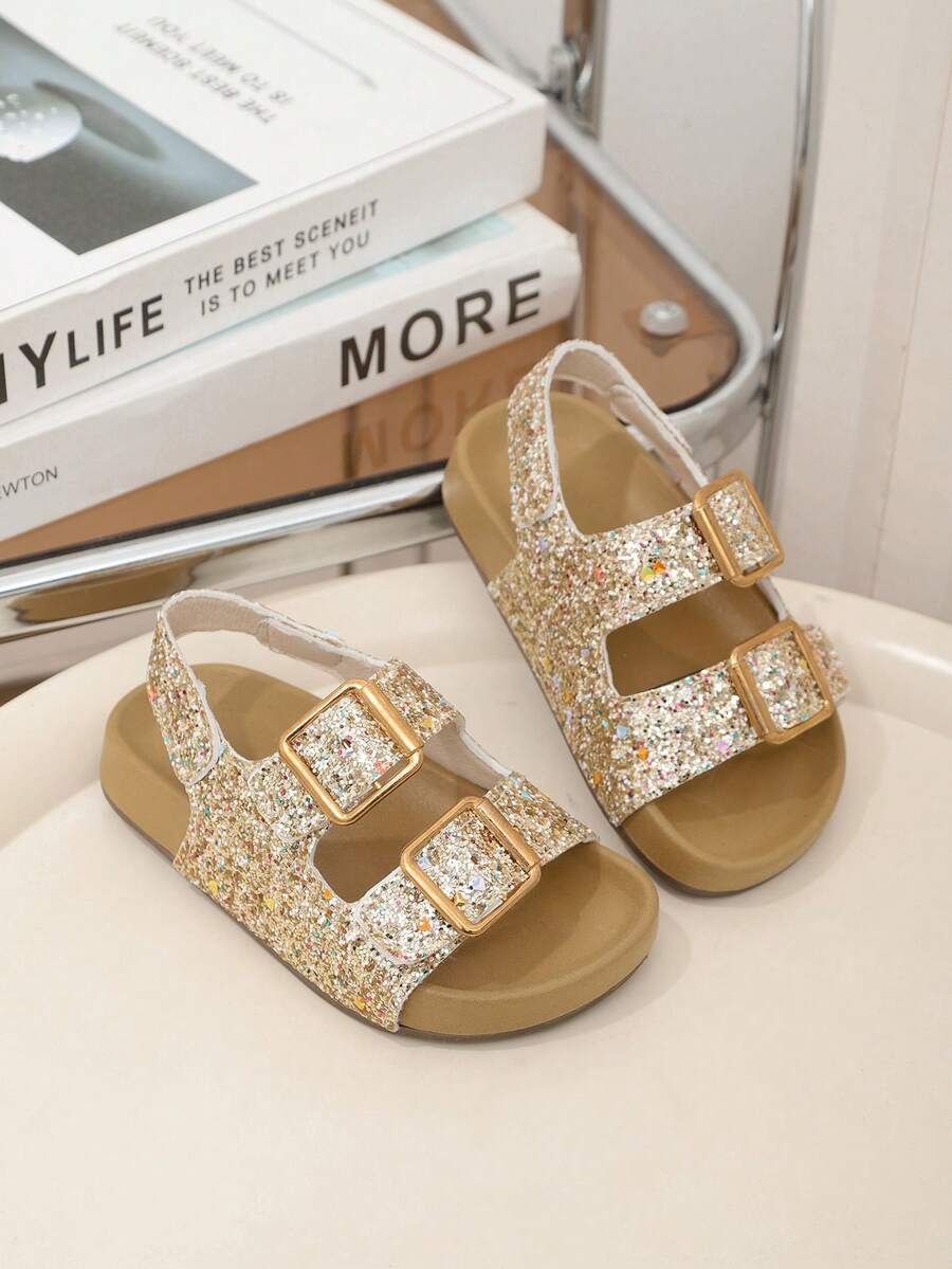 1 Pair Girls' New Fashion Gold Buckle, Glitter Princess Shoes, Suitable For Summer, Beach Sandals - Gold - View 1