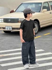 2pcs/Set Tween Boys Sophisticated Casual Round Neck T-Shirt And Straight Leg Cargo Pants Set, High Cost-Effective - Multicolor - View 3