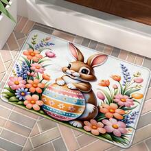 Tapete de porta com estampa de coelho e tema de Páscoa (1 peça) – Material macio de flanela de poliéster, absorvente e antiderrapante, ideal para ambientes internos, lavável à máquina, uma escolha perfeita para quartos, banheiros e halls de entrada. Um tapete com apelo decorativo e um toque sazonal. - Multicolorido - Ver 2