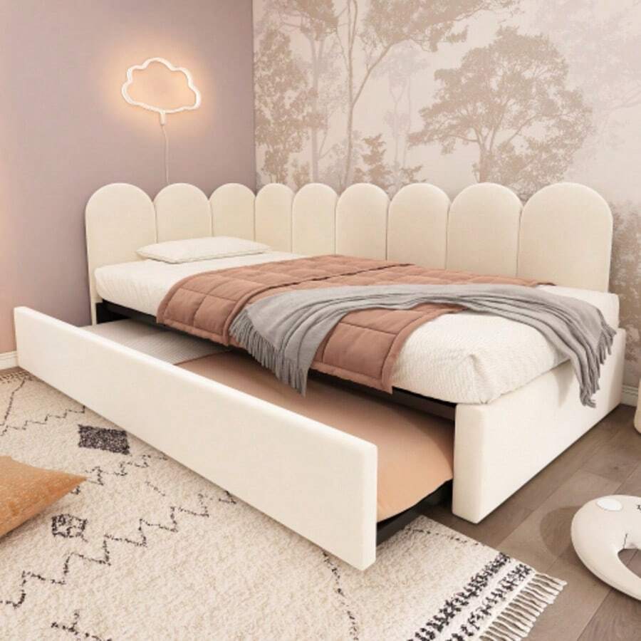 Upholstered Daybed 90 X 200 Cm, Sofa Bed With Pull-Out Function 90 X 190 Cm, Slatted Bed For Children, Beige Velvet, Without Mattress - Beige - View 1