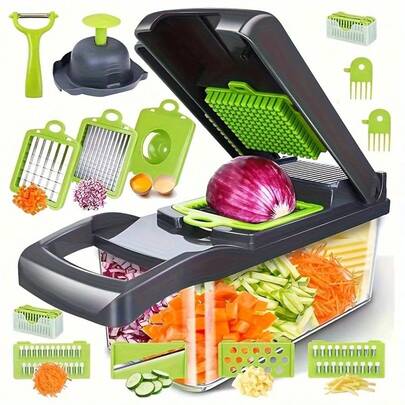 16-In-1 Multi-Functional Vegetable Chopper, Food Slicer And Dicing Tool, With Container And Draining Bag As Well As Hand Protection Cover. Kitchen Vegetable Cutter For Onions, Carrots, Garlic, Etc. With Multiple Interchangeable Blades. Household Potato Shreds Chopper, Vegetable Shredder, Vegetable Chopper. Practical And Novel Kitchen Tools, Suitable For Both Home And Restaurant Use.