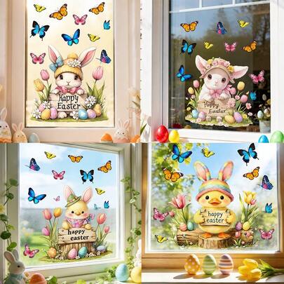 1 pièce Autocollant de fenêtre de Pâques, avec de mignons lapins et canetons tenant des pancartes en bois, fabriqué en vinyle réutilisable à adhérence statique, parfait pour la décoration de la maison pour les fêtes de printemps et créer une atmosphère printanière festive.