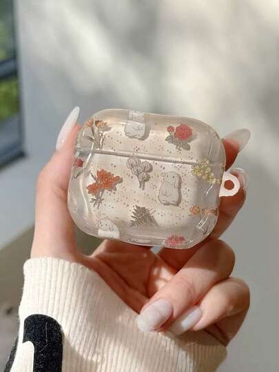 Torkade blommor och torkad frukt 1 st minimalistiskt fräscht tillbehörsfodral i koreansk stil med rutigt blommigt tecknat kaninmotiv, lämpligt för AirPods 4:e generationen, Pro 3:e generationen, 1/2 generationens trådlösa Bluetooth-hörlurar (hörlurar ingår ej)