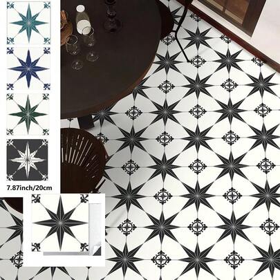 10pcs - 7.87" X 7.87" Peel And Stick Floor Tiles, DIY Vinyl Flooring - Waterproof Self-Adhesive Tile Stickers, Suitable For Entryway, Bathroom, Kitchen, Living Room, Bedroom - (Black/White/Blue/Dark Green/Spruce Blue) Retro Star Pattern