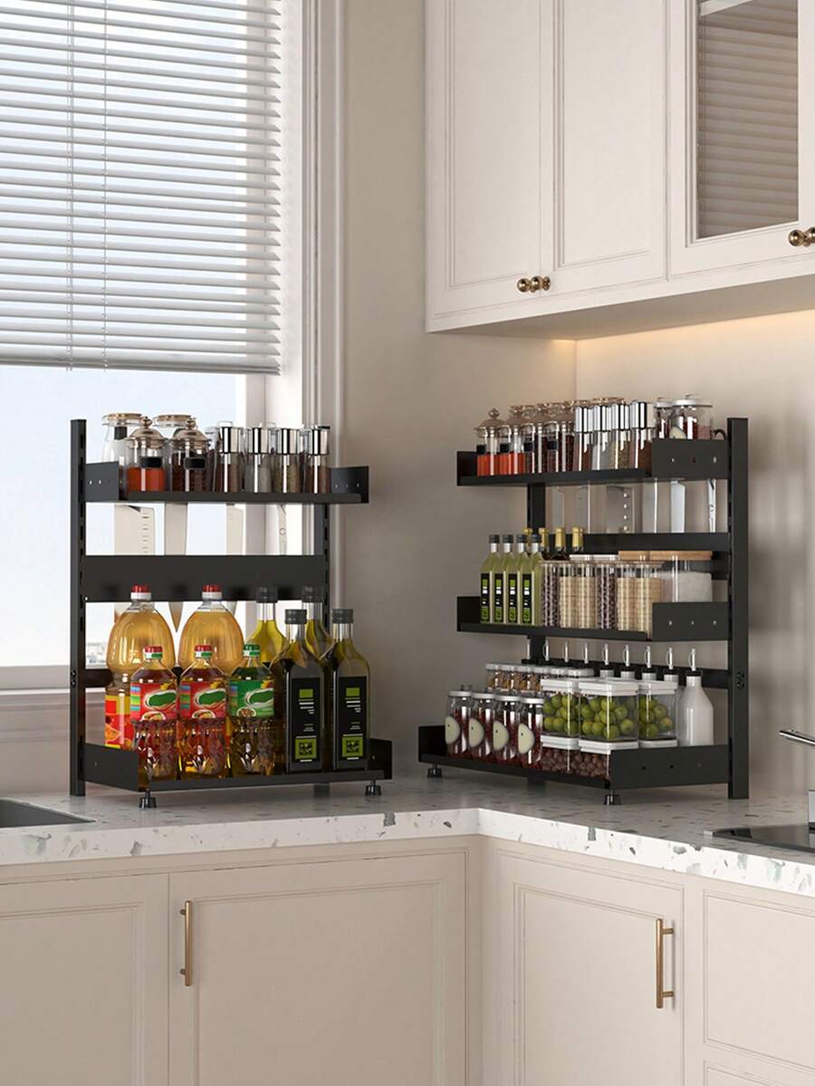 1pc Multipurpose Kitchen Countertop Spice Rack, Knife Holder, Kitchen Organizer Shelf, Suitable For Home, Kitchen And Dining Room Kitchen Items Kitchen Accessories Kitchen Tools - Black - View 1