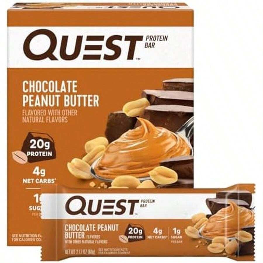 Quest Nutrition Chocolate Peanut Butter Protein Bars, 20g Protein, 1g Sugar, 5g Net Carb, Gluten Free, Keto Friendly, 4 Count - Sô cô la bơ đậu phộng - 1 cái (Gói 4 cái) - Xem 1