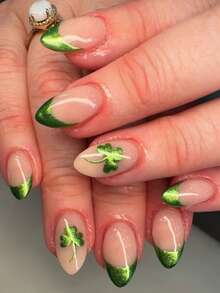 24pcs/Set St. Patrick's Day Theme Medium AlmondPress-On Nails, Green French Design With Clover Pattern, Ideal For Girls/Women Daily Wear, Festivals, Spring Nail Art - Multicolor - View 7