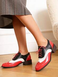 Women Oxfords Pumps Chunky Block Heels Mixed Color Lace Up Ladies' Business Loafers Fashion Comfy Casual Luxury Dress Shoes - Đỏ - Xem 4