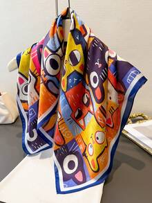 1条彩色可爱卡通猫图案女士轻薄真丝围巾披肩，适合海滩、街头、日常穿着、度假、装饰。 - 藏青邊 - 查看 6