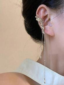 Elegant Butterfly Tassel Ear Cuff For Women, Clip-On No Pierced Earring, High-End, Soft Wind Tassel Ear Accessories (Handmade Tassel Chain, Slight Variation Of Bead Spacing) - Silver - View 6