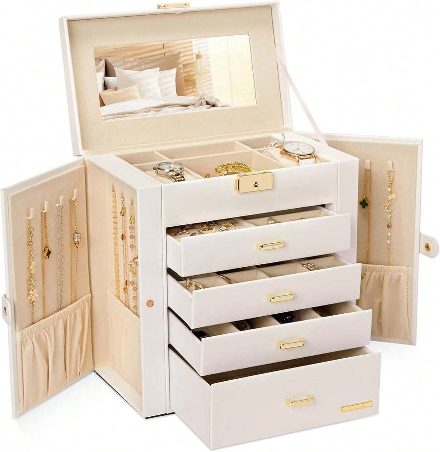 Synthetic Leather Huge Jewelry Box Mirrored Watch Organizer Necklace Ring Earring Storage Lockable Gift Case (White + Gold) - White + Gold - View 1