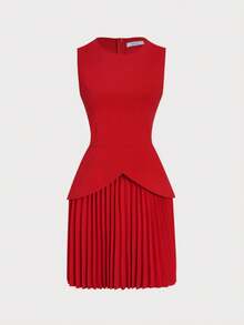 Women's Summer Solid Color Elegant Minimalist Patchwork Pleated Hem Sleeveless Dress Red - Red - View 1