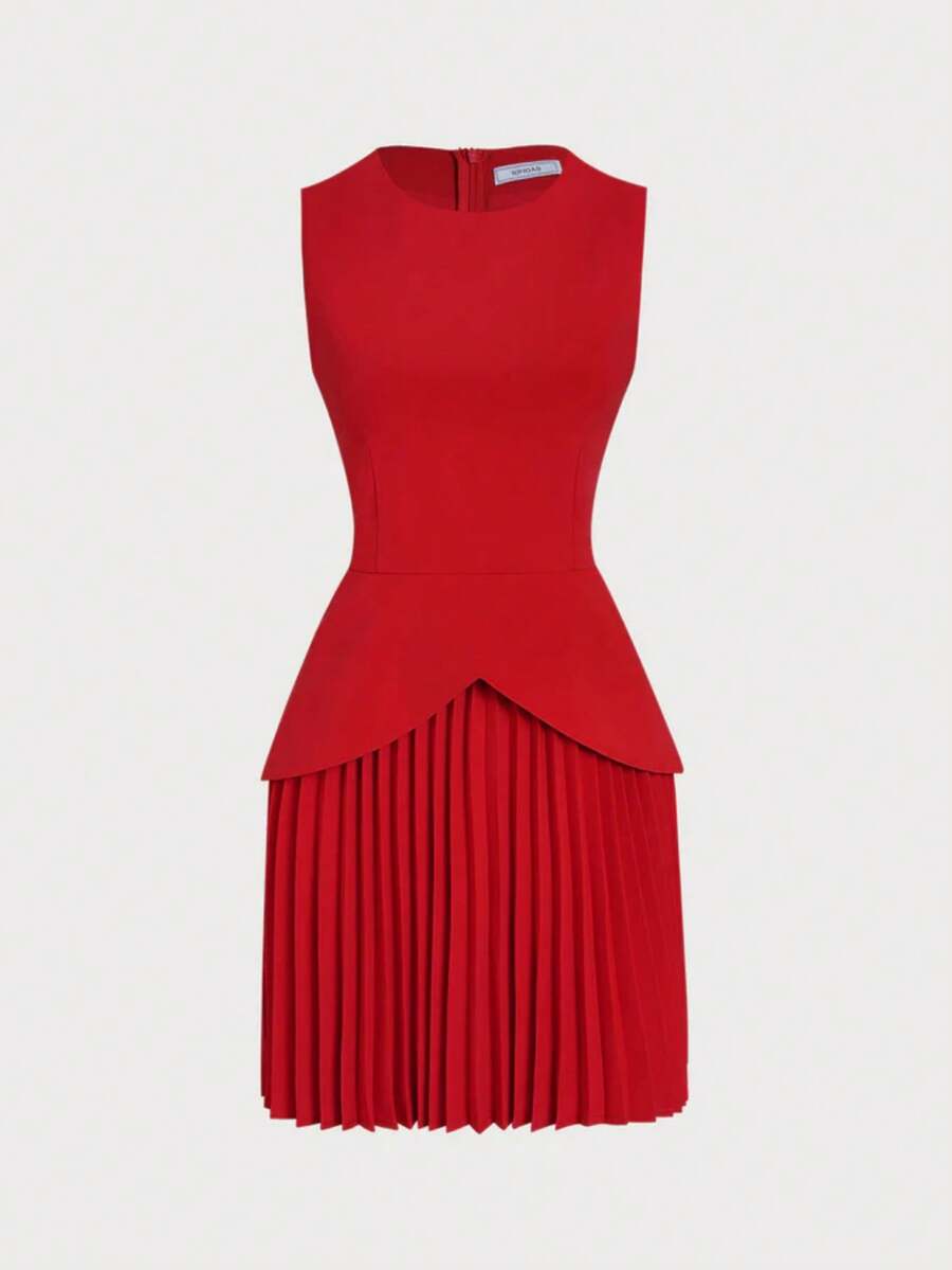 Women's Summer Solid Color Elegant Minimalist Patchwork Pleated Hem Sleeveless Dress Red - Red - View 1