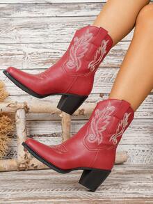 2026 女士时尚粗跟方头刺绣经典西部靴 - 紅色 - 查看 2