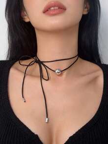 Dây chuyền choker hình nơ cầu kiểu Hàn Quốc mới năm 2026 dành cho nữ, thiết kế tối giản sang trọng. - hạt tròn - Xem 4