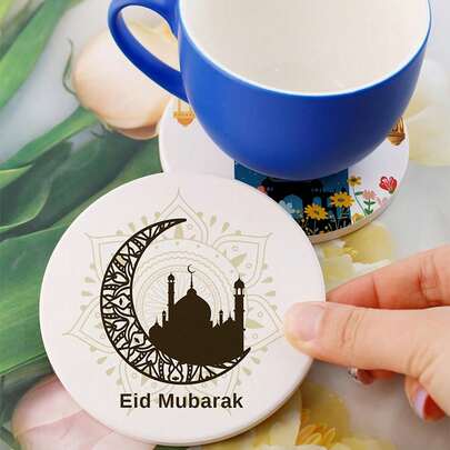 个性化白色亚克力印花斋月杯垫，开斋节杯垫和碗，伊斯兰风格印花装饰杯垫，伊斯兰风格饮料杯垫，斋月餐桌氛围装饰，穆斯林家庭开斋节礼物