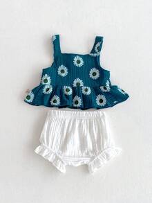 夏季女婴雏菊印花背带上衣和短裤套装 - 綠色 - 查看 5