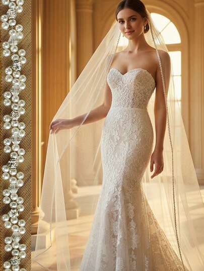 1pc 3 Meters Long Beaded Bridal Veil, Elegant & Sophisticated, Suitable For Wedding Dress And Cathedral Wedding
