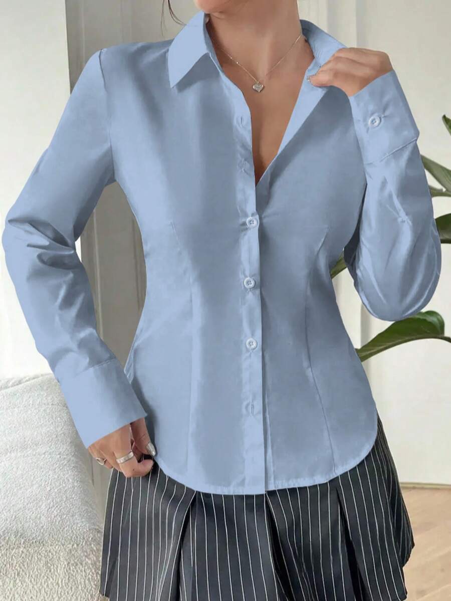 Women's Light Blue Polyester Shirt, Long Sleeve Collared Shirt, Regular Fit Button-Up Top, Non-Stretch Fabric, Suitable For Office Wear Spring - Blue - View 1