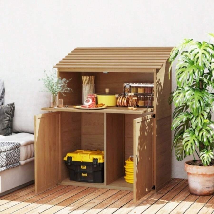 Wooden Garden Shed With Individual Roof, Shelf, Folding Table, Double Door, 110 X 54 X 136 Cm, Weatherproof Equipment Cabinet, Garden Shed, Patio, Natural Wood - Camel - View 1