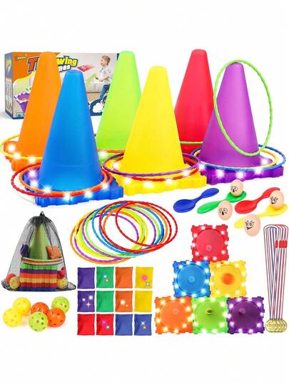 - Juego de 49 Juegos de Carnaval para Exteriores para niños con luz LED, Bolsas de Frijoles, Bolas, Juego de Lanzamiento de Aros, Juego de césped con Huevos y cucharas, Regalo para Fiesta,40977035