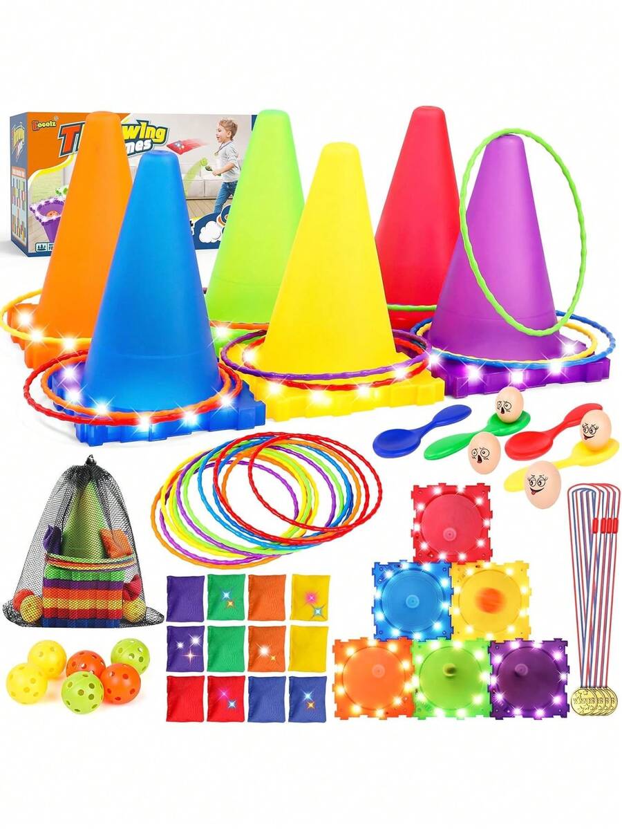 - Juego de 49 Juegos de Carnaval para Exteriores para niños con luz LED, Bolsas de Frijoles, Bolas, Juego de Lanzamiento de Aros, Juego de césped con Huevos y cucharas, Regalo para Fiesta,40977035 - Multicolor - Ver 1