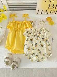 Baby Girls' Summer Fashion Solid Color & Fruit Print 2 Pieces Romper Set - Ginger - View 2