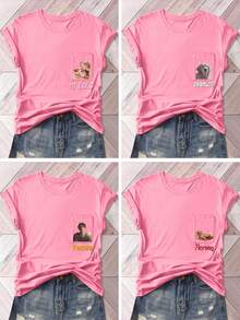 Customized Women's T-Shirt, Women's Pocket Short Sleeve Tee, Traceability Cotton, Women's T-Shirt. Input Your Text, Slogan, Blessing, Upload Your Own Photo (Lover Photo/Boyfriend Photo/Girlfriend Photo, Pet Photo, Group Photo) To Design Your Personalized Printed T-Shirt, Funny, Surprise Gift - Pink - View 2