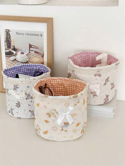 1pc Cute Bear Pattern Women Storage Basket, Round Open Desktop Organizer Bowknot Decoration Cosmetic Brush Organizer Basket, Fresh Style Makeup Tools Storage Basket, Small Desktop Storage Bin