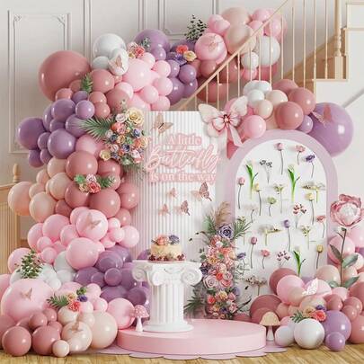 Decoraciones para fiesta de maravillas de hadas 155 piezas, kit de arco de guirnalda de globos en tonos verde polvo, rosa y morado, globos de látex en tonos rosa pastel, lavanda y morado blanco para fiesta de té primaveral, boda, cumpleaños y fiesta con flores