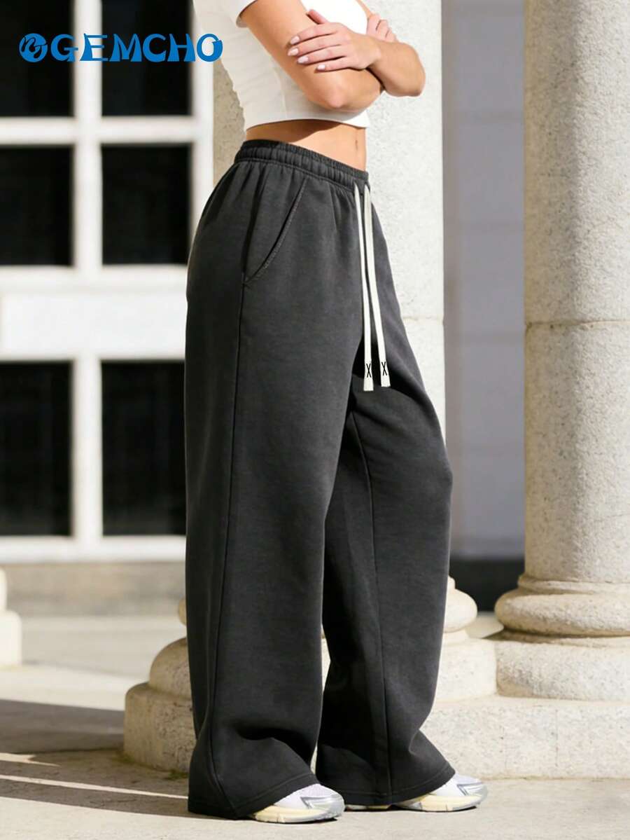 GEMCHO 1pc Women's Drawstring Waist Loose Wide Leg Casual Sweatpants With Pockets, Knit Fabric With Slight Stretch, Suitable For Leisure, Running, Jogging, Fitness, All Seasons Black Spring - Black - View 1