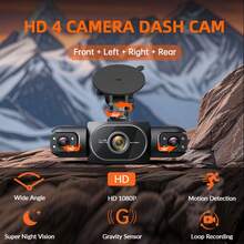 4-Channel 360° Dash Cam, Front/Rear/Left/Right View, 3.16" Screen, Built-In Night Vision, Sensitive Motion Detection Recording, Parking Monitoring, Reverse Assist, 150mAh Battery - 4 Camera - View 3