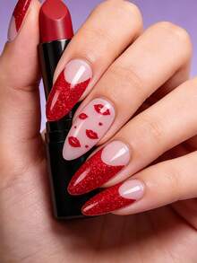 22pcs Romantic Elegant Red Shiny Gel Nail Stickers, Classic French Style With Bow & Lip Print Glitter Design, Attractive Nails, Low Allergy, Protect Natural Nails, Long-Lasting, No UV Lamp Needed, Fashion Nail Art Supplies For Women, Girls, Valentine's Day, Birthday Party, Daily Use - Red - View 13