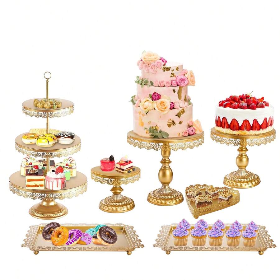 7Pieces Gold Cake Stand Set, Metal Round Heart Holder Dessert Display Plate Serving Platter, Dessert Table Stands And Trays Set For Christmas, Wedding, Birthday, Anniversary, Tea Party - 金色 - 查看 1