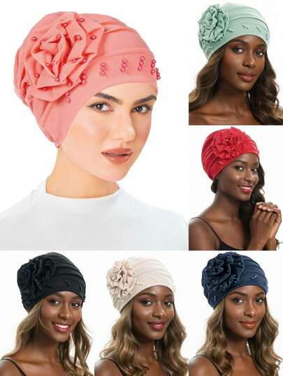 1件新款女士头巾帽，带花朵装饰，化疗头巾，纯色侧边珍珠装饰头巾帽