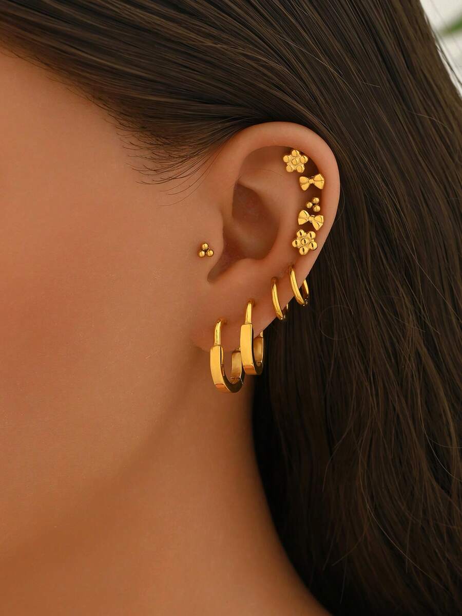 5对/10件套金色时尚耳夹耳环套装，百搭垂坠耳环，适合女性参加节日、音乐会及任何场合。 - 套裝耳環 - 查看 1