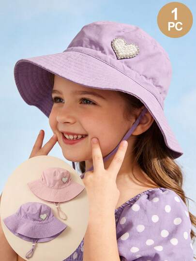 1 PC Kids Solid Color Bow Hat,Adjustable Breathable Casual Bucket Hats, Suitable For Outdoor Activities & Daily Wear,Suitable For 1-4 Years Old,Delicate Pearl Heart Accessory,Children's Fisherman Hat Sunscreen Hat With Adjustable Rope Cute Children's Sunshade Hat Baby Fisherman Hat Children's Sunscreen Hat