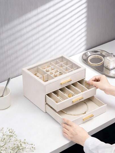 1pc 3-Layer PU Leather Jewelry Display Box With Glass Cover, Gift-Worthy, 3-Drawer Design, Large Capacity Storage For Necklaces, Earrings, Bracelets, Rings, White, Modern 3-Tier Drawer Jewelry Organizer (With Glass Lid) - 4-Compartment Layered Design, Snap Drawers, Cloud White Metal Frame, Desktop Decor Display Case, Suitable For Jewelry Collection And Storage
