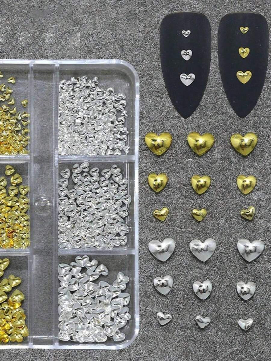 1 Box 3D Metall Liebe Nagel Accessoires Acryl Nagel Dekoration Kristall Strass Herz Formen Gold Metall Kunst Dekor Schmuck Accessoires DIY Basteln Nägel Nagel Zubehör - Verschiedenfarbig - Übersicht 1