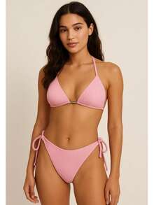 Ribbed Triangle Bikini Bottom, Double String Bikini Bottom, Semi-Thong - Rosa Pálido - Ver 1