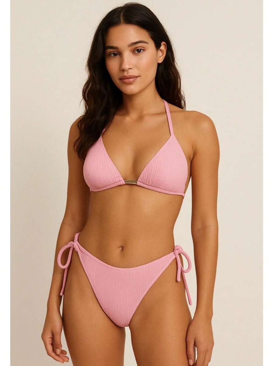 Ribbed Triangle Bikini Bottom, Double String Bikini Bottom, Semi-Thong - Rosa Pálido - Ver 1
