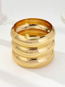 3件套金色金属厚手镯，女士超大粗款手镯 - 金色 - 查看 5