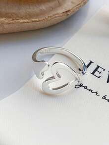 1枚S925纯银极简镂空心形开口戒指，女士清新优雅百搭指节/中指戒指，独特心形戒指礼品 - 鏤空愛心 - 查看 3