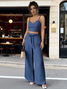 Conjunto casuales de verano en color liso,Top camisola con escote en V profundo,pantalón ancho con cintura elástica y lazo - Azul lavado oscuro - Ver 4