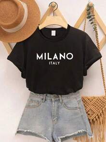 Áo thun ngắn tay cho bé gái tuổi teen với họa tiết chữ tiếng Anh đơn giản, thời trang và dễ phối đồ. - màu đen - Xem 1