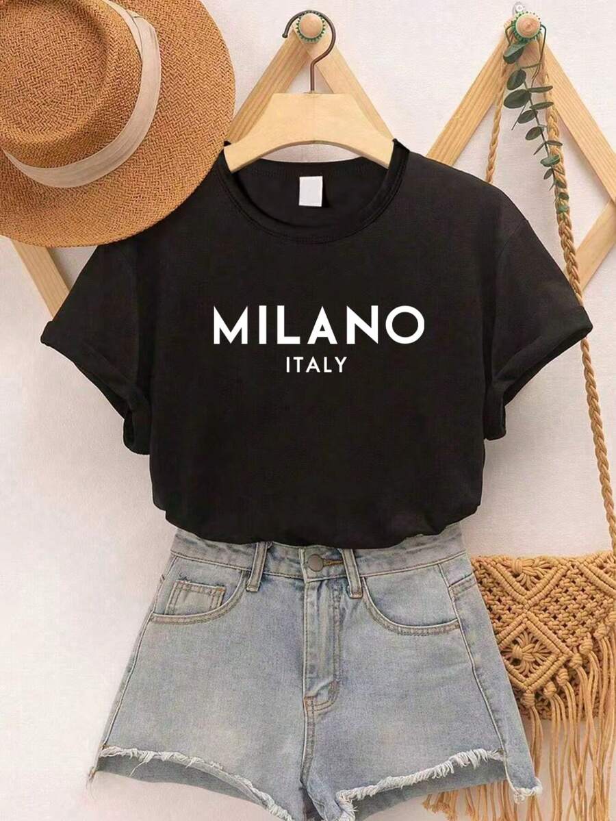 Áo thun ngắn tay cho bé gái tuổi teen với họa tiết chữ tiếng Anh đơn giản, thời trang và dễ phối đồ. - màu đen - Xem 1